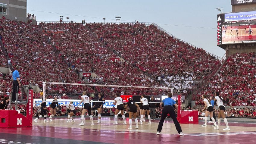 Nebraska and Omaha play a college volleyball match Wednesday, Aug. 30, 2023, at Memorial Stadium in Lincoln, Neb. (AP Photo/Eric Olson)