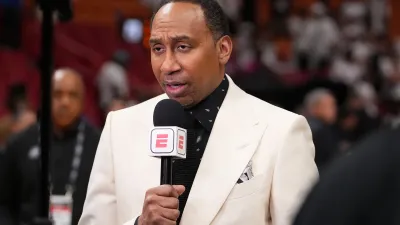 MIAMI, FL – JUNE 7:  Stephen A. Smith during Game Three of the 2023 NBA Finals between the Denver Nuggets and the Miami Heat on June 7, 2023 at Kaseya Center in Miami, Florida. NOTE TO USER: User expressly acknowledges and agrees that, by downloading and or using this Photograph, user is consenting to the terms and conditions of the Getty Images License Agreement. Mandatory Copyright Notice: Copyright 2023 NBAE (Photo by Eric Espada/NBAE via Getty Images)