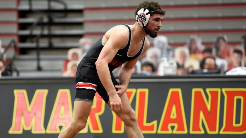 COLLEGE PARK, MD – JANUARY 31:  Sammy Sasso of the Ohio State Buckeyes wrestles against the Maryland Terrapins at Xfinity Center on January 31, 2021 in College Park, Maryland. (Photo by G Fiume/Maryland Terrapins/Getty Images)