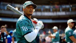 SEATTLE, WA – JULY 11: Wander Franco #5 of the Tampa Bay Rays looks on during batting practice prior to the 93rd MLB All-Star Game presented by Mastercard at T-Mobile Park on Tuesday, July 11, 2023 in Seattle, Washington. (Photo by Daniel Shirey/MLB Photos via Getty Images)