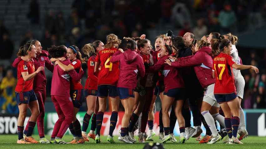 AUCKLAND, NEW ZEALAND – AUGUST 15: Spain players celebrate the team’s 2-1 victory and advance to the final following the FIFA Women’s World Cup Australia & New Zealand 2023 Semi Final match between Spain and Sweden at Eden Park on August 15, 2023 in Auckland, New Zealand.