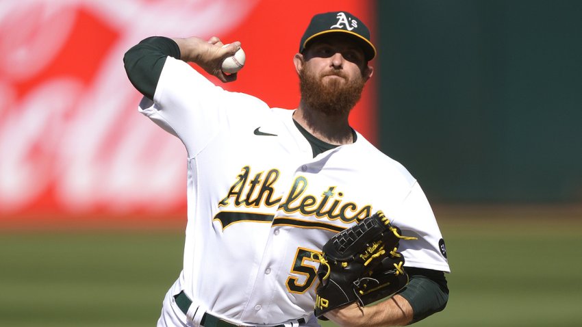 Paul Blackburn pitches against the San Francisco Giants during the 2023 MLB season.