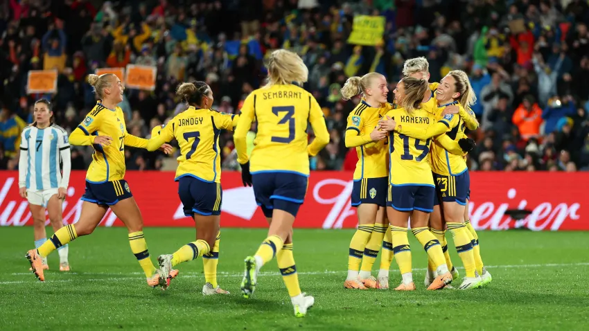 Elin Rubensson of Sweden celebrates with teammates after scoring her team’s second goal via penalty during the FIFA Women’s World Cup Australia & New Zealand 2023 Group G match between Argentina and Sweden at Waikato Stadium on August 02, 2023 in Hamilton, New Zealand.