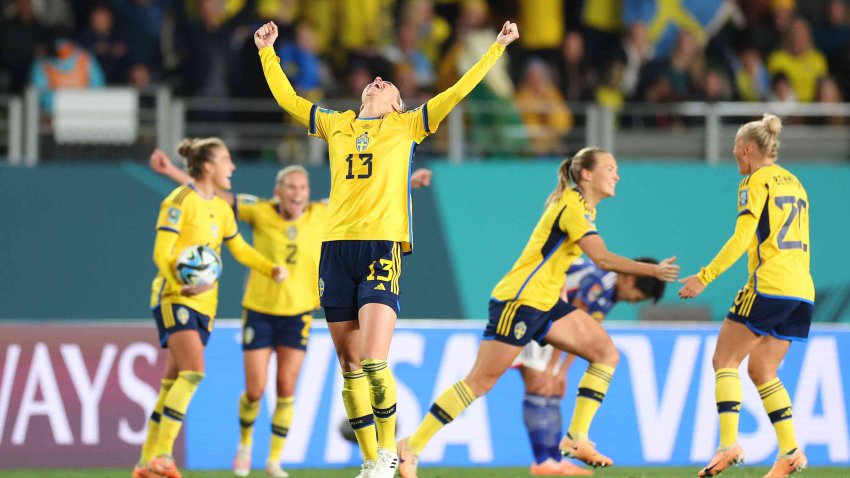 Amanda Ilestedt of Sweden celebrates her team’s 2-1 victory and advance to the semi final following the FIFA Women’s World Cup Australia & New Zealand 2023 Quarter Final match between Japan and Sweden at Eden Park on August 11, 2023 in Auckland, New Zealand.