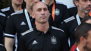 Spanish Royal Football Federation president Luis Rubiales looks on as Spain’s acting Prime Minister receives Spain women’s national football team’s players after their 2023 World Cup victory at La Moncloa Palace in Madrid on August 22, 2023.