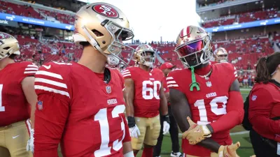 Brock Purdy and Deebo Samuel of the San Francisco 49ers before the game against the Los Angeles Chargers at Levi’s Stadium on Aug. 25, 2023 in Santa Clara, Calif. The Chargers defeated the 49ers 23-12.