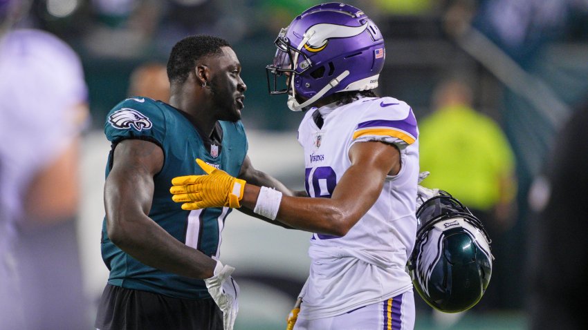 Philadelphia Eagles wide receiver A.J. Brown (11) and Minnesota Vikings wide receiver Justin Jefferson (18) shake hands during the game between the Minnesota Vikings and the Philadelphia Eagles on Sept. 19, 2022 at Lincoln Financial Field in Philadelphia.