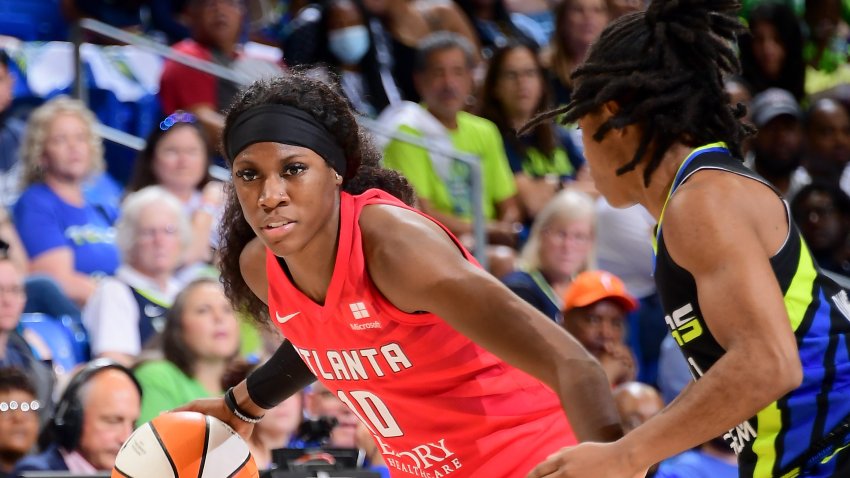 A'ja Wilson of the Las Vegas Aces embraces Rhyne Howard of the