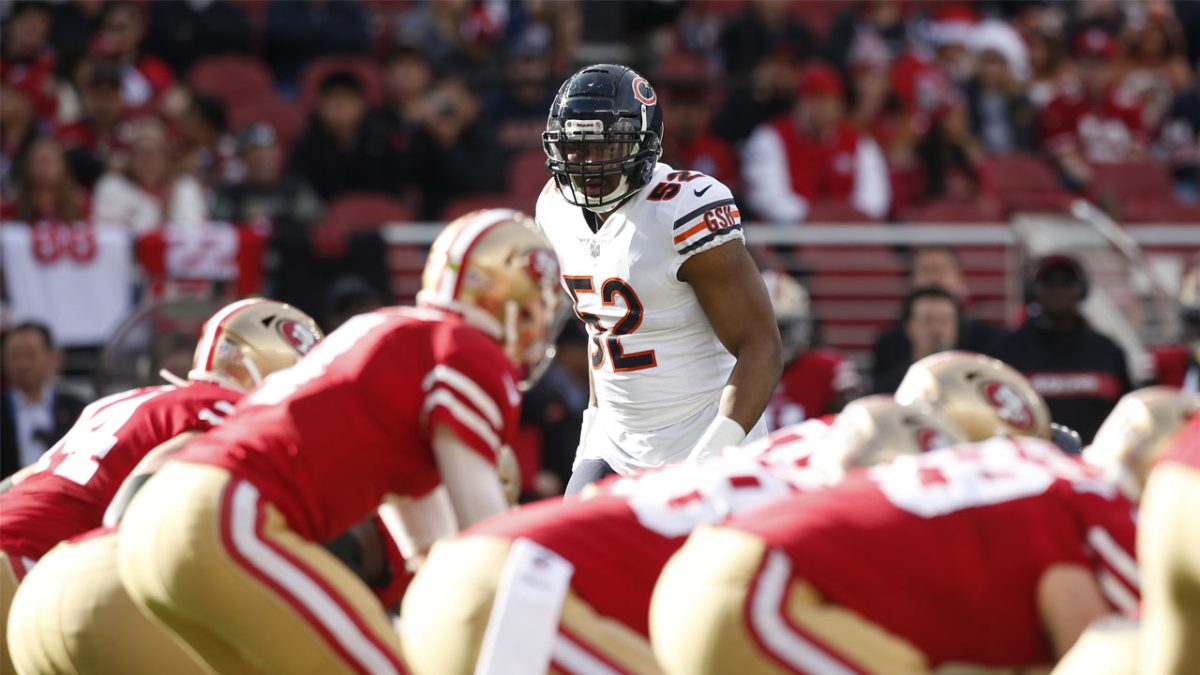 Newly acquired Chicago Bears player Khalil Mack displays his