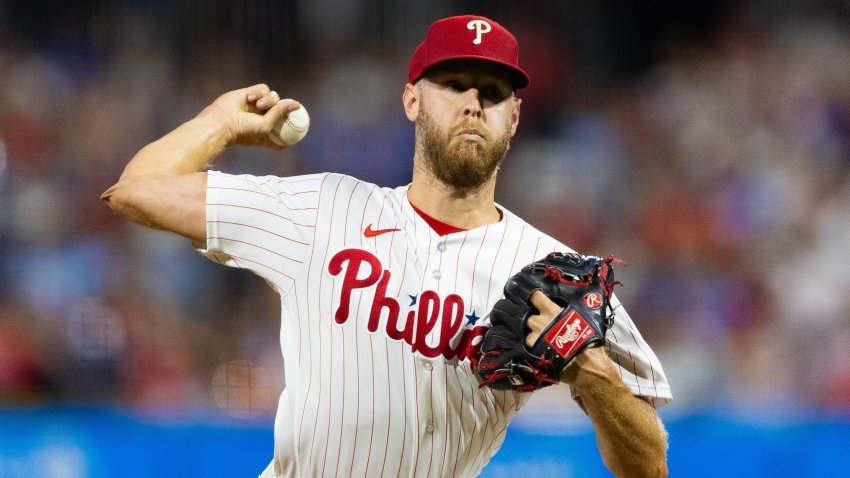 Sep 12, 2023; Philadelphia, Pennsylvania, USA; Philadelphia Phillies starting pitcher Zack Wheeler (45) throws a pitch during the fifth inning against the Atlanta Braves at Citizens Bank Park. Mandatory Credit: Bill Streicher-USA TODAY Sports