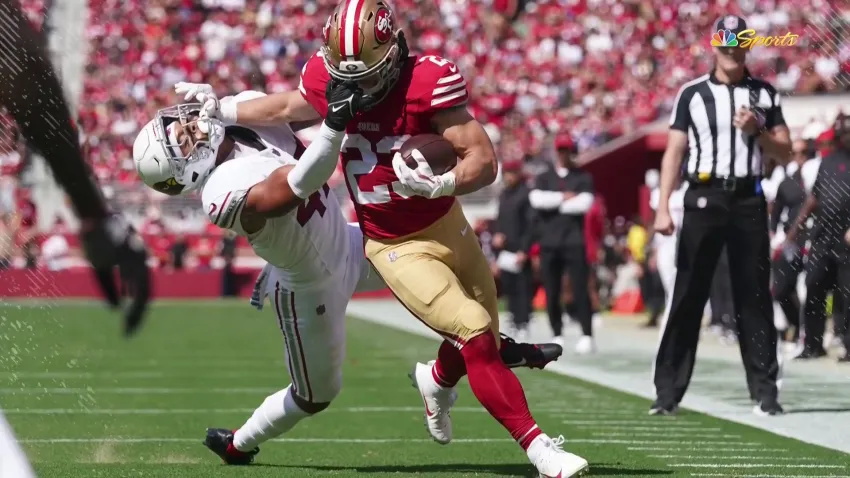 49ers' Christian McCaffrey credits his o-line after career-high game vs.  Cardinals, Postgame Interview