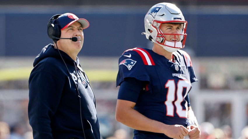 Patriots offensive coordinator Bill O'Brien and quarterback Mac Jones