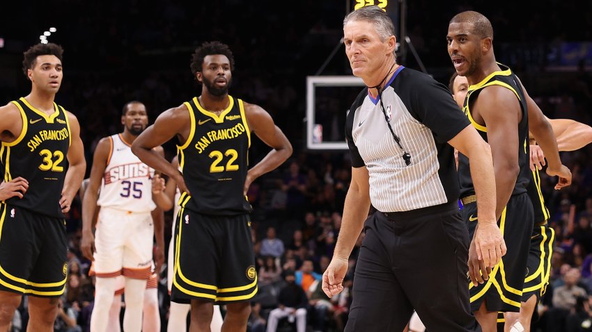 PHOENIX, ARIZONA – NOVEMBER 22: Chris Paul #3 of the Golden State Warriors reacts to referee Scott Foster #48 after being ejected for a second technical foul during the first half of the NBA game against the Phoenix Suns at Footprint Center on November 22, 2023 in Phoenix, Arizona. The Suns defeated the Warriors 123-115. NOTE TO USER: User expressly acknowledges and agrees that, by downloading and or using this photograph, User is consenting to the terms and conditions of the Getty Images License Agreement.  (Photo by Christian Petersen/Getty Images)