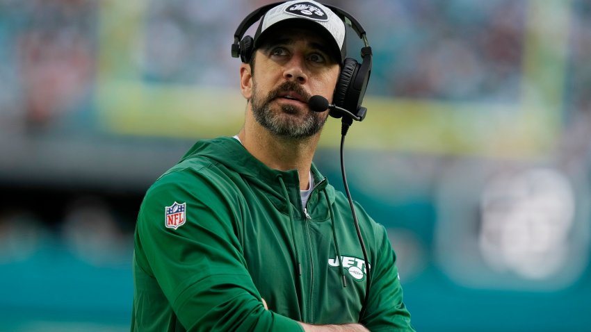 New York Jets quarterback Aaron Rodgers looks up during the second half of an NFL football game against the Miami Dolphins, Sunday, Dec. 17, 2023, in Miami Gardens, Fla.