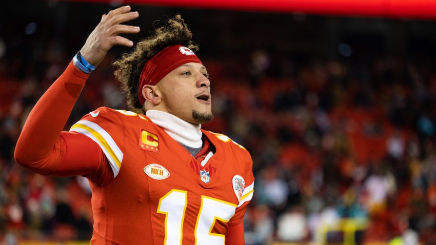 Patrick Mahomes #15 of the Kansas City Chiefs gestures to the fans before an NFL wild-card playoff football game against the Miami Dolphins at GEHA Field at Arrowhead Stadium on January 13, 2024 in Kansas City, Missouri.