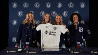 Members of Bay FC's founding four unveil the club's 2024 home kit for their inaugural season in the NWSL.