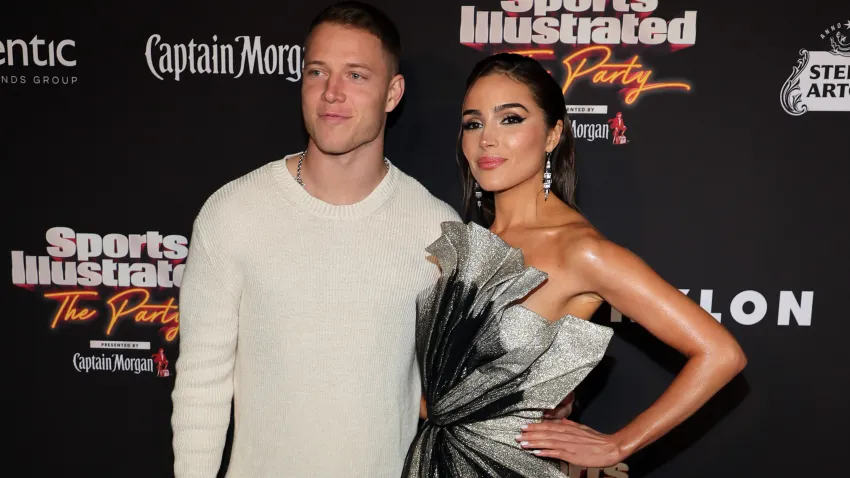 (L-R) Christian McCaffrey and Olivia Culpo attend the 2023 Sports Illustrated Super Bowl Party