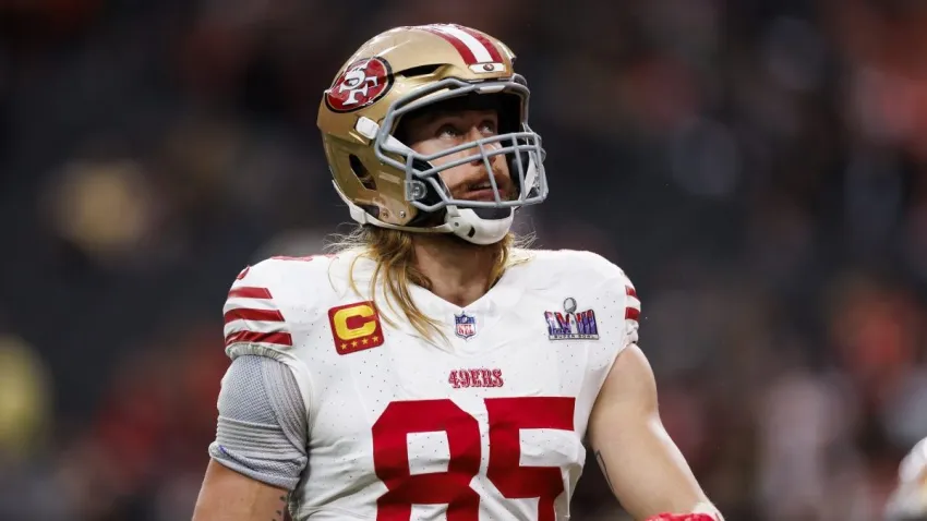 LAS VEGAS, NEVADA – FEBRUARY 11: George Kittle #85 of the San Francisco 49ers looks on during pregame warmups before Super Bowl LVIII against the Kansas City Chiefs at Allegiant Stadium on February 11, 2024 in Las Vegas, Nevada. (Photo by Ryan Kang/Getty Images)