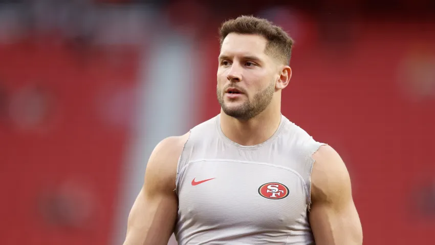 SANTA CLARA, CALIFORNIA – JANUARY 20: Nick Bosa #97 of the San Francisco 49ers warms up before the NFC Divisional Playoffs against the Green Bay Packers at Levi’s Stadium on January 20, 2024 in Santa Clara, California. (Photo by Lachlan Cunningham/Getty Images)