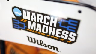 Basketball rack with March Madness logo