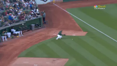 A's bullpen loves incredible diving stop by ball boy on foul ball