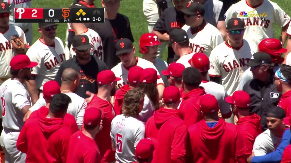 Kyle Harrison buzzes Bryce Harper, causing Giants, Phillies benches to