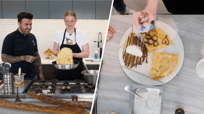 Olympic swimming gold medalist Lydia Jacoby learns to make crepes with Top Chef's Kévin D'Andrea
