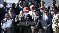 President Biden hilariously sports Chiefs helmet during team's White House visit