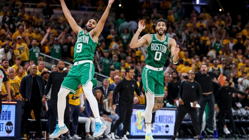 May 27, 2024; Indianapolis, Indiana, USA; The Boston Celtics celebrate their win against the Indiana Pacers game four of the eastern conference finals for the 2024 NBA playoffs at Gainbridge Fieldhouse. Mandatory Credit: Trevor Ruszkowski-USA TODAY Sports