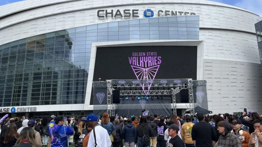 Crowds pack Thrive City outside Chase Center for a block party celebrating the Bay Area’s new WNBA  expansion team: the Golden State Valkyries. May 18, 2024. NBC Bay Area Photo/ Alyssa Goard.