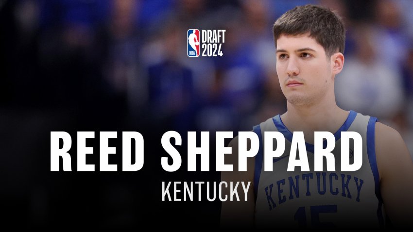 Reed Sheppard stares ahead while wearing a University of Kentucky uniform. Text reads NBA Draft 2024, Reed Sheppard, Kentucky