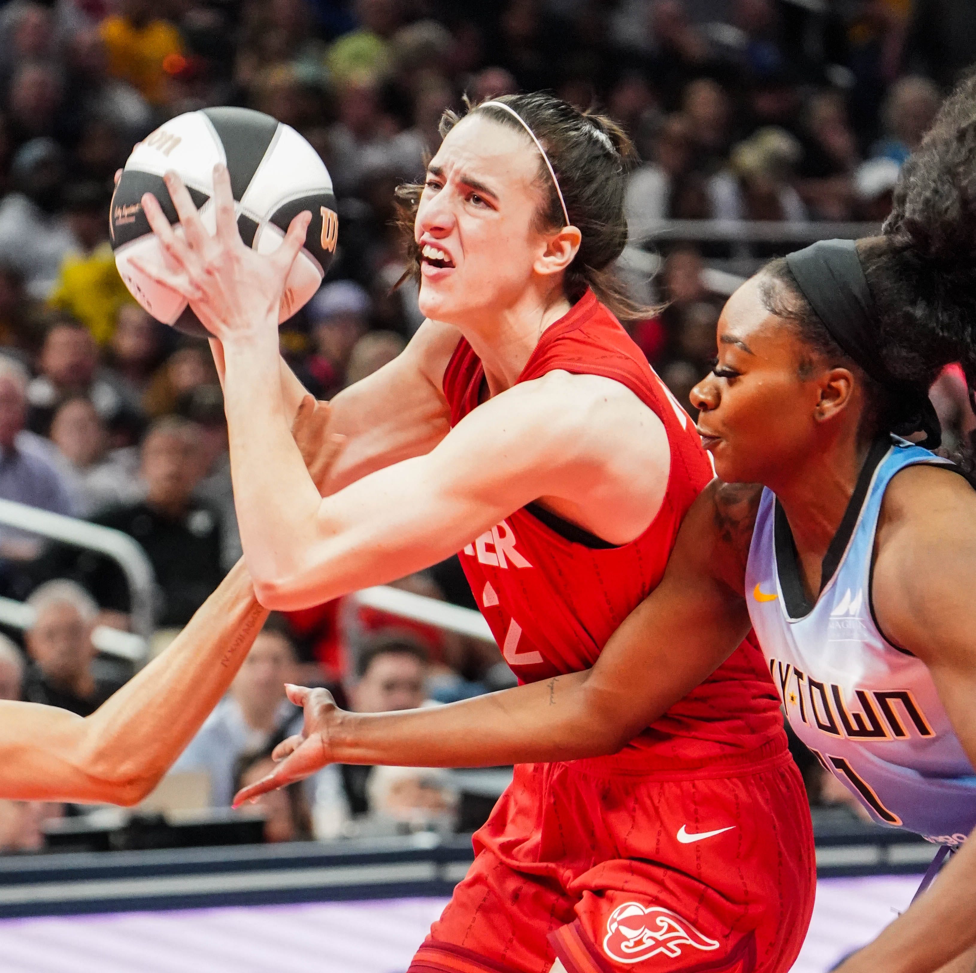 Indiana Fever guard Caitlin Clark (22) drives toward the hoop during a game between the Indiana Fever and the Chicago Sky on Saturday, June 1, 2024, at Grainbridge Fieldhouse in Indianapolis.