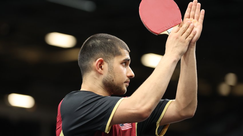 PARIS, FRANCE – JULY 27: Kanak Jha of Team United States celebrates during a Men’s Singles Preliminary Round match against Vladislav Ursu of Team Moldova on day one of the Olympic Games Paris 2024 at South Paris Arena on July 27, 2024 in Paris, France. (Photo by Steph Chambers/Getty Images)
