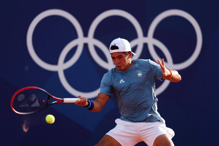 Argentina’s Sebastian Baez plays a forehand against Benjamin Hassan of Team Lebanon during the Men's Singles second round match on day three of the Olympic Games Paris 2024.