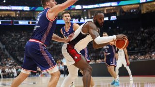 LeBron James of Team USA handles the ball while Nikola Jokic of the Serbian Men’s National Team plays defense during the game during the 2024 USA Basketball Showcase on July 17, 2024 in Abu Dhabi, The United Arab Emirates at Etihad Arena. NOTE TO USER: User expressly acknowledges and agrees that, by downloading and/or using this Photograph, user is consenting to the terms and conditions of the Getty Images License Agreement. Mandatory Copyright Notice: Copyright 2024 NBAE (Photo by Joe Murphy/NBAE via Getty Images)