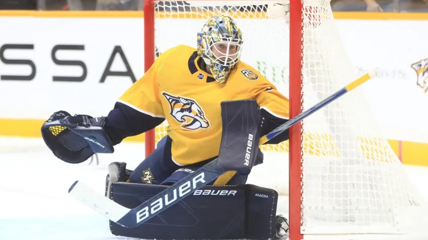 NASHVILLE, TN – SEPTEMBER 27: Nashville Predators goalie Yaroslav Askarov (30) is shown during the NHL preseason game between the Nashville Predators and Tampa Bay Lightning, held on September 27, 2023, at Bridgestone Arena in Nashville, Tennessee.  (Photo by Danny Murphy/Icon Sportswire via Getty Images)