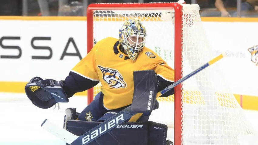 NASHVILLE, TN – SEPTEMBER 27: Nashville Predators goalie Yaroslav Askarov (30) is shown during the NHL preseason game between the Nashville Predators and Tampa Bay Lightning, held on September 27, 2023, at Bridgestone Arena in Nashville, Tennessee.  (Photo by Danny Murphy/Icon Sportswire via Getty Images)