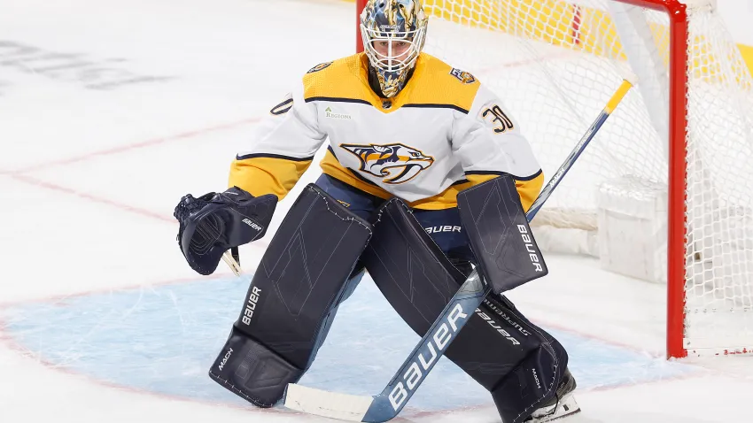 SUNRISE, FL – SEPTEMBER 25: Goaltender Yaroslav Askarov #30 of the Nashville Predators defends the net against the Florida Panthers during a preseason game at the Amerant Bank Arena on September 25, 2023 in Sunrise, Florida. (Photo by Joel Auerbach/Getty Images)