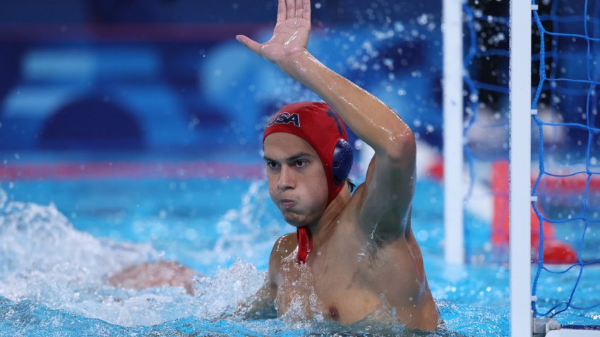 PARIS, FRANCE – AUGUST 01: Adrian Weinberg of Team United States defends the goal in the Men’s Preliminary Round – Group A match between of Team United States and of Team Greece on day six of the Olympic Games Paris 2024 at Aquatics Centre on August 01, 2024 in Paris, France. (Photo by Clive Rose/Getty Images)