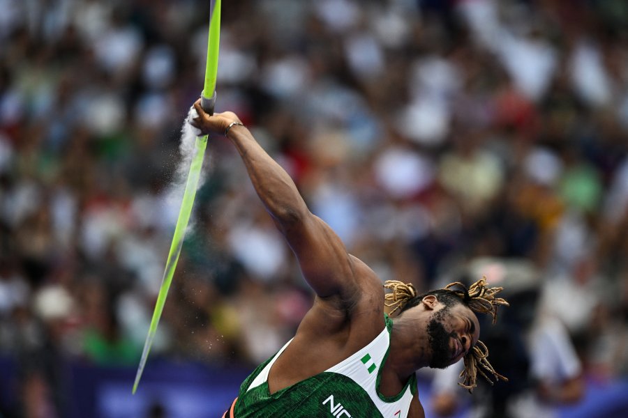 Nigeria's Chinecherem Nnamdi competes in the men's javelin throw qualification of the athletics event at the Paris 2024 Olympic Games at Stade de France in Saint-Denis, north of Paris, on August 6, 2024