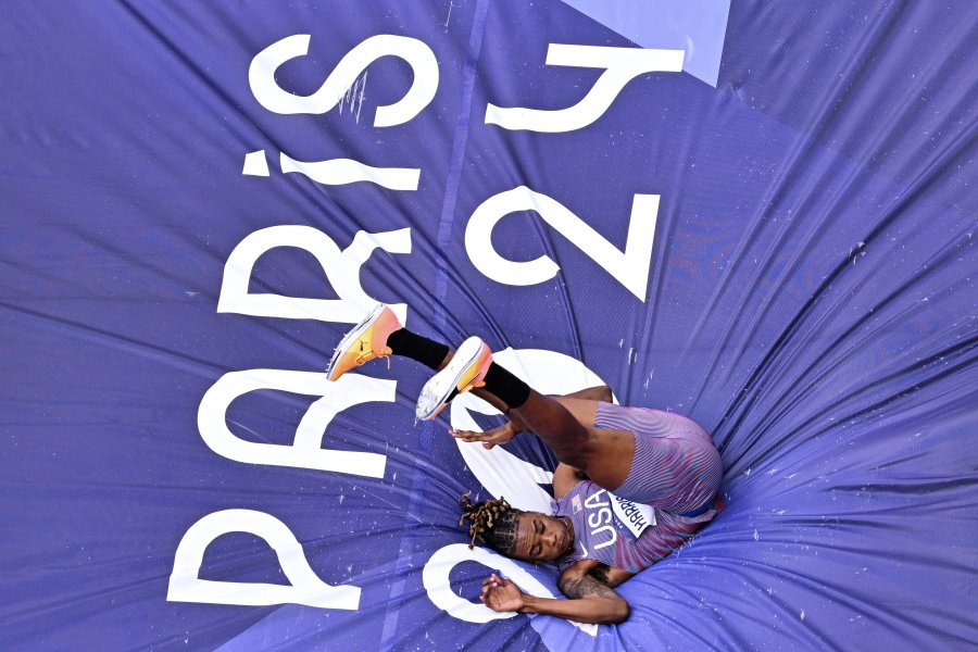 The U.S.' Juvaughn Harrison competes in the men's high jump qualification of the athletics event