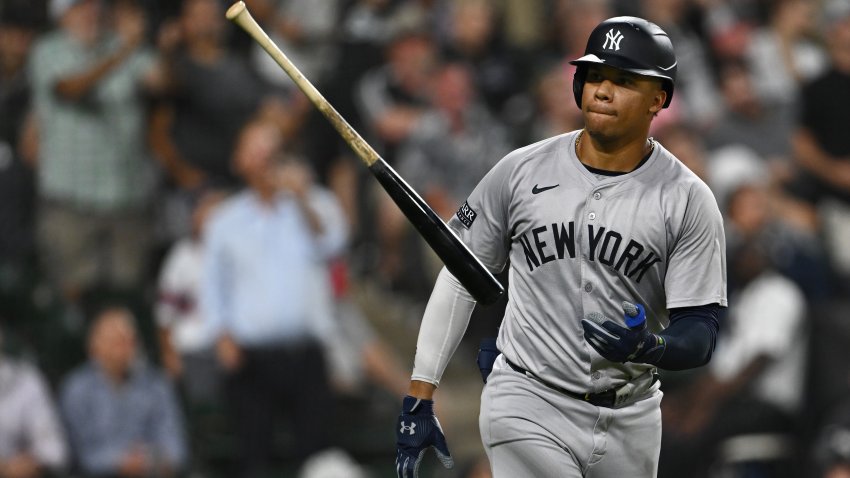 CHICAGO, ILLINOIS – AUGUST 13: Juan Soto #22 of the New York Yankees tosses his bat after a solo home run in the seventh inning against the Chicago White Sox at Guaranteed Rate Field on August 13, 2024 in Chicago, Illinois. (Photo by Quinn Harris/Getty Images)