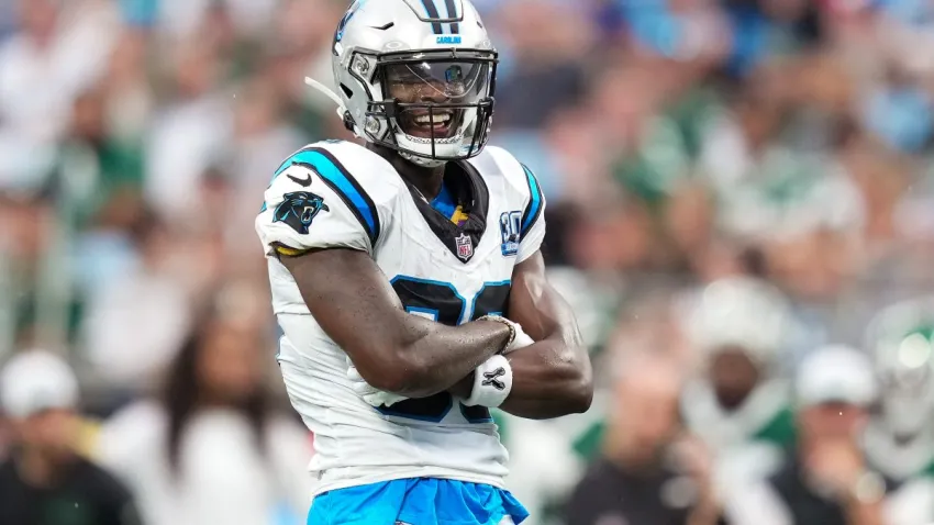 CHARLOTTE, NORTH CAROLINA – AUGUST 17: Terrace Marshall Jr. #88 of the Carolina Panthers reacts after a first-down catch against the New York Jets during the first quarter of their preseason game at Bank of America Stadium on August 17, 2024 in Charlotte, North Carolina. (Photo by Grant Halverson/Getty Images)