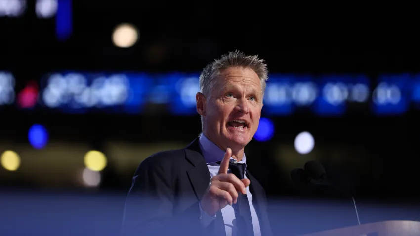 CHICAGO, ILLINOIS – AUGUST 19: Steve Kerr, Team USA Men’s Basketball coach and Golden State Warriors coach, speaks onstage during the first day of the Democratic National Convention at the United Center on August 19, 2024 in Chicago, Illinois.  Delegates, politicians, and Democratic party supporters are in Chicago for the convention, concluding with current Vice President Kamala Harris accepting her party’s presidential nomination. The DNC takes place from August 19-22. (Photo by Justin Sullivan/Getty Images)