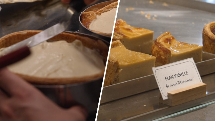 Flan cream being spread and slices of flan on display