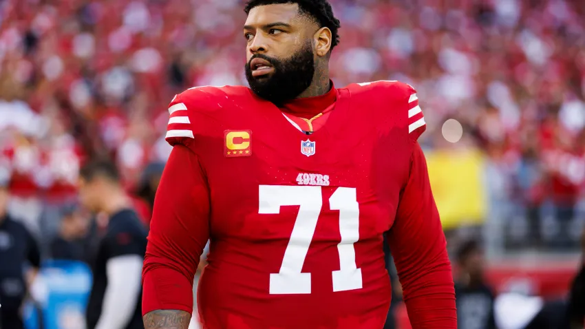 GLENDALE, ARIZONA – DECEMBER 17: Trent Williams #71 of the San Francisco 49ers looks on from the sideline before an NFL football game against the Arizona Cardinals at State Farm Stadium on December 17, 2023 in Glendale, Arizona. (Photo by Ryan Kang/Getty Images)