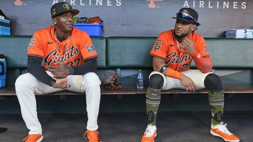 SAN FRANCISCO, CALIFORNIA – MAY 17: Marco Luciano #37 and Luis Matos #29 of the San Francisco Giants hang out in the dugout at Oracle Park on May 17, 2024 in San Francisco, California. (Photo by Tony Avelar/San Francisco Giants/Getty Images)