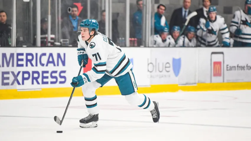 LOS ANGELES, CA – SEPTEMBER 13: Macklin Celebrini #71 of the San Jose Sharks skates with the puck during the first period against the Utah Hockey Club at Toyota Sports Performance Center on September 13, 2024 in Los Angeles, California. (Photo by Nick Tomoyasu/NHLI via Getty Images)