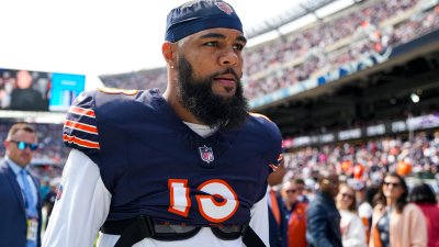 CHICAGO, IL – SEPTEMBER 8: Wide receiver Keenan Allen #13 of the Chicago Bears stands on the field prior to an NFL football game against the Tennessee Titans, at Soldier Field on September 8, 2024 in Chicago, Illinois. (Photo by Todd Rosenberg/Getty Images)