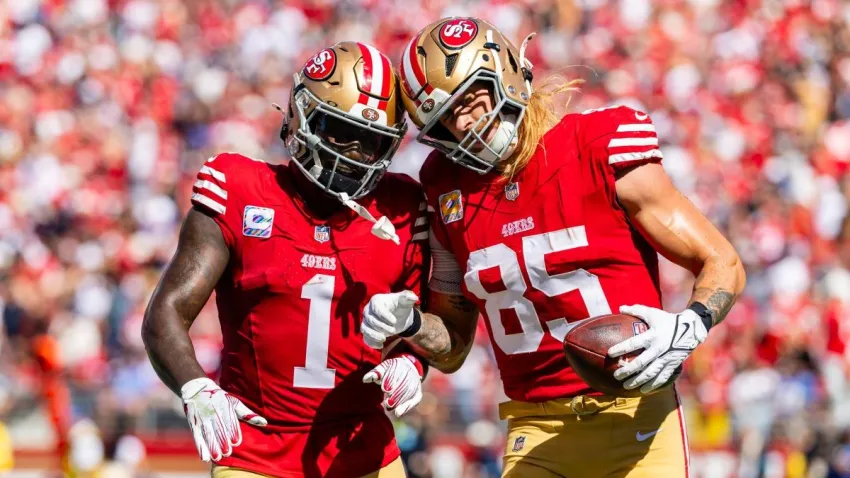 SANTA CLARA, CA – SEPTEMBER 29: San Francisco 49ers tight end George Kittle (85) celebrates a touchdown with San Francisco 49ers wide receiver Deebo Samuel Sr. (1) during the NFL game between the New England Patriots and the San Francisco 49ers on September 29, 2024 at Levi’s Stadium in Santa Clara, CA. (Photo by Matthew Huang/Icon Sportswire via Getty Images)